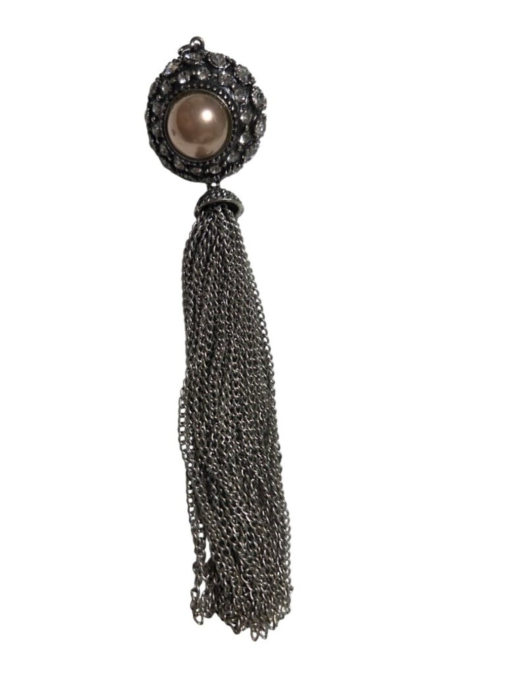 Vintage Rhinestone Faux Pearl Tassel Pendant Silver Tone Brown Retro Jewelry